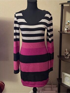 Striped Black, White & Magenta Long-Sleeve Bodycon Dress